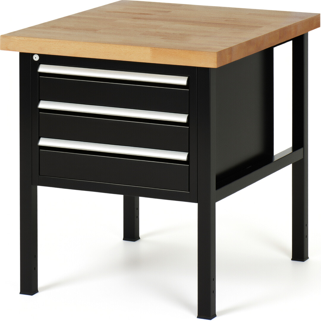 Werkbank Modell 8127 schwarz, BxTxH 750x900x840-1040 mm,  Buche-Massiv Arbeitsplatte 40 mm,  3 Schubladen mit  Auszug 90 %