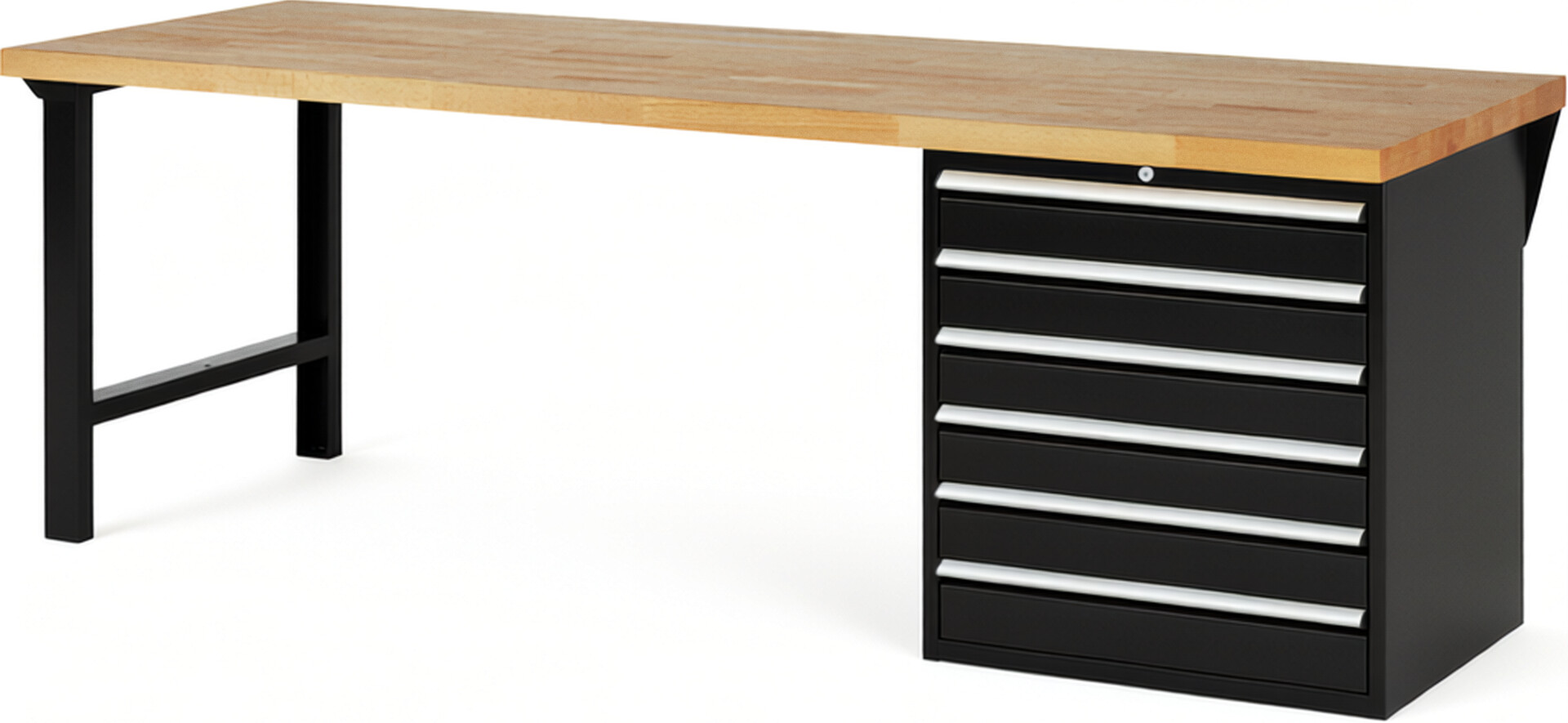 Werkbank Modell 7616 schwarz, BxTxH 2500x900x890 mm,  Buche-Massiv Arbeitsplatte 40 mm,  6 Schubladen mit  Vollauszug 100 % und  SoftClosing