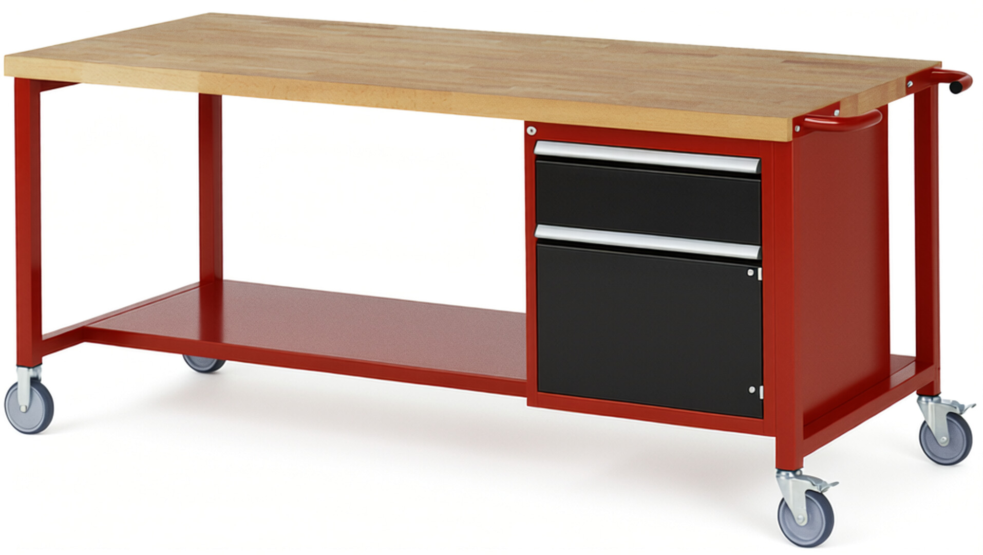 Fahrbare Werkbank Modell 8152 rot - schwarz, BxTxH 2000x900x880 mm,  Buche-Massiv Arbeitsplatte 40 mm,  1 Schublade mit  Auszug 90 %