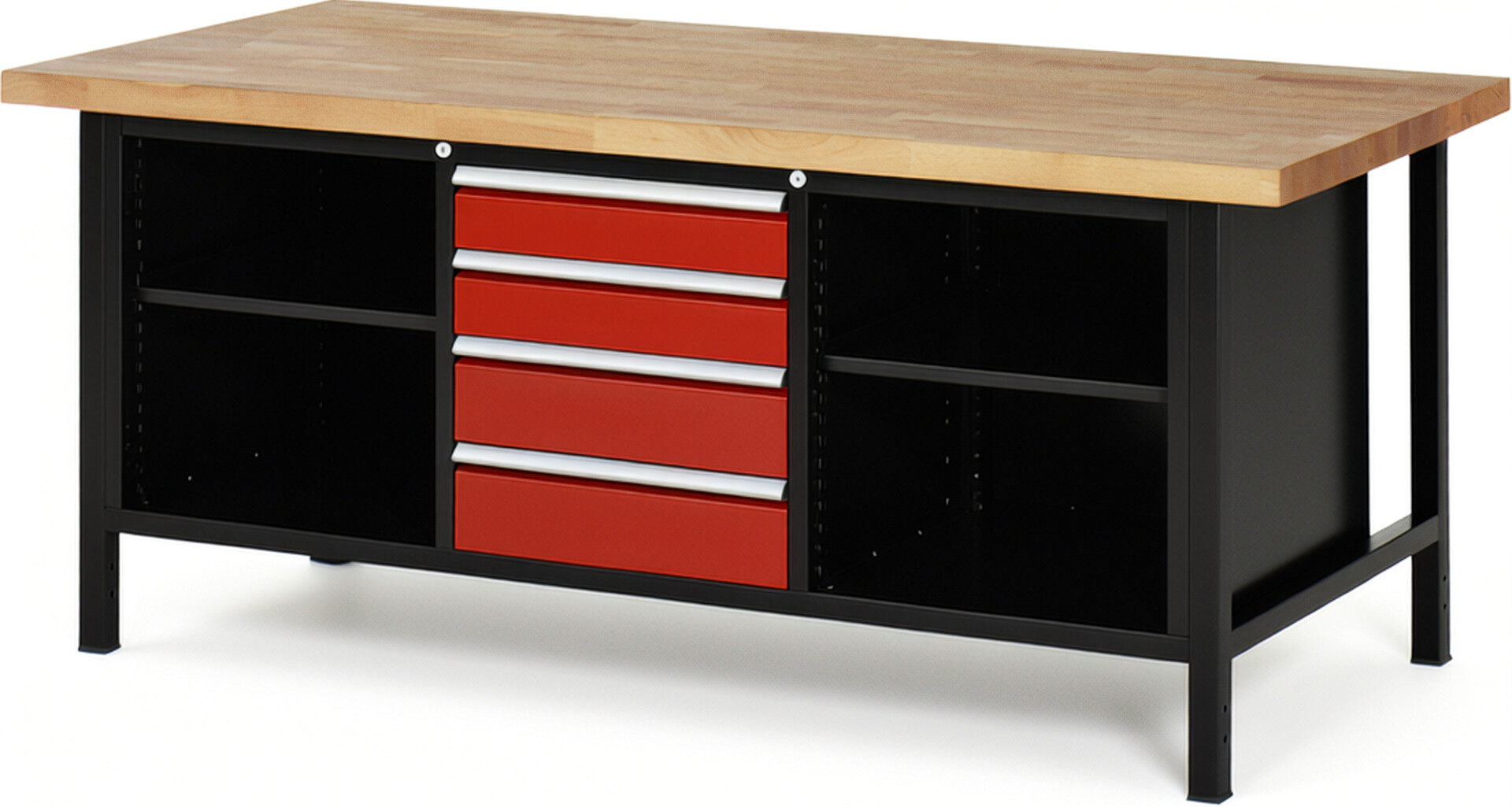 RAU Werkbank schwarz - rot - Breite 200 cm - Tiefe 90 cm - Höhe 104 cm - Buche-Massiv Arbeitsplatte 40 mm