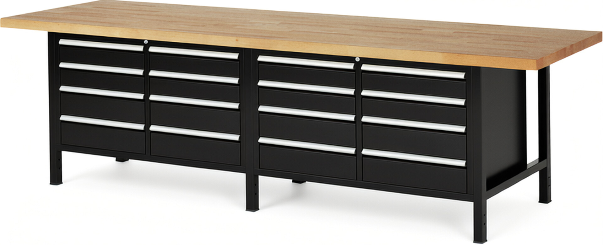 Werkbank Modell 8477 schwarz, BxTxH 3000x900x840-1040 mm,  Buche-Massiv Arbeitsplatte 40 mm,  16 Schubladen mit  Auszug 90 %