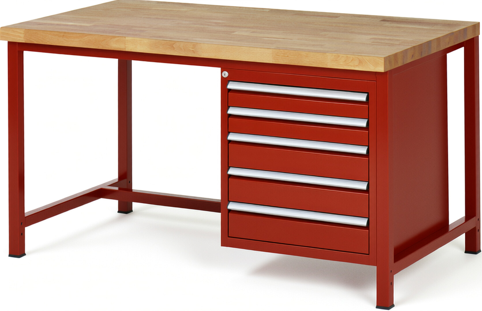 Werkbank Modell 8171 rot, BxTxH 1500x900x840-1040 mm,  Buche-Massiv Arbeitsplatte 40 mm,  5 Schubladen mit  Auszug 90 %
