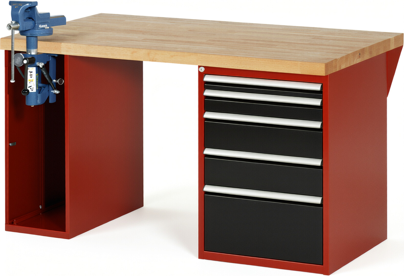 Werkbank Modell 7511 rot - schwarz, BxTxH 1500x900x890 mm,  Buche-Massiv Arbeitsplatte 40 mm,  5 Schubladen mit  Auszug 90 %