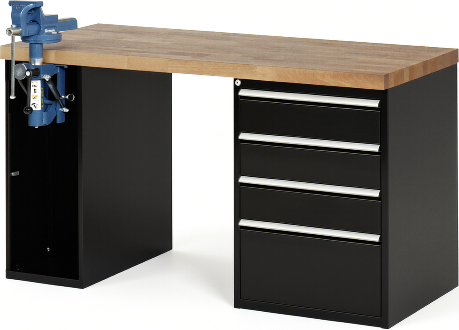 Werkbank Modell 7510 schwarz, BxTxH 1500x700x890 mm,  Buche-Massiv Arbeitsplatte 40 mm,  4 Schubladen mit  Auszug 90 %