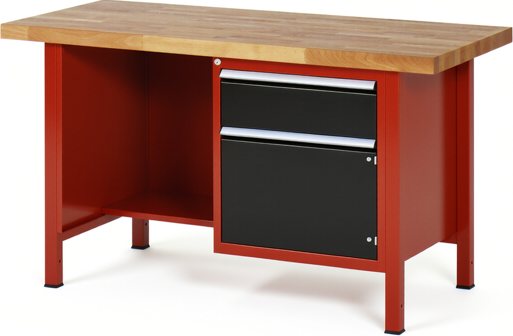 Werkbank Modell 8455 rot - schwarz, BxTxH 1500x700x840 mm,  Buche-Massiv Arbeitsplatte 40 mm,  1 Schublade mit  Auszug 90 %