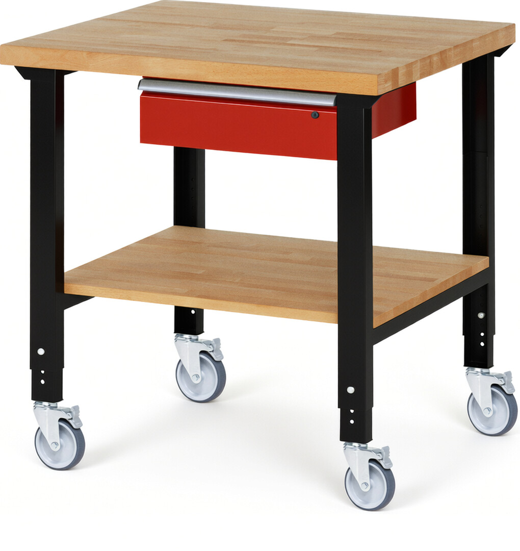 RAU Werkbank schwarz - rot - Breite 100 cm - Tiefe 90 cm - Höhe 100 cm - Buche-Massiv Arbeitsplatte 40 mm