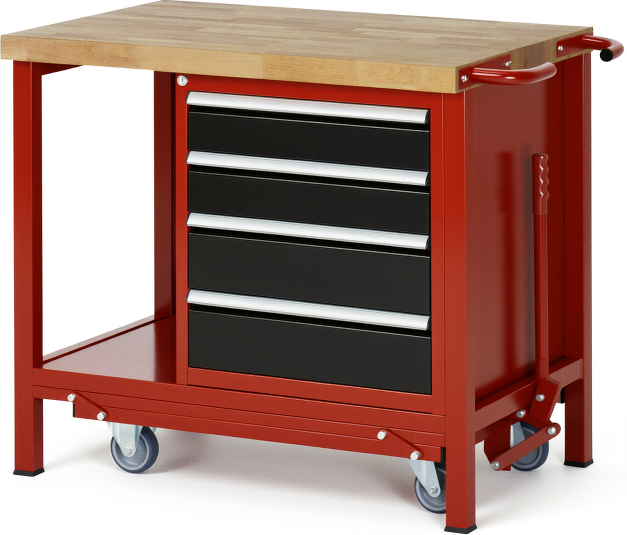 Absenkbare Werkbank Modell 8162 rot - schwarz, BxTxH 1000x700x880 mm,  Buche-Massiv Arbeitsplatte 40 mm,  4 Schubladen mit  Vollauszug 100 % und  SoftClosing