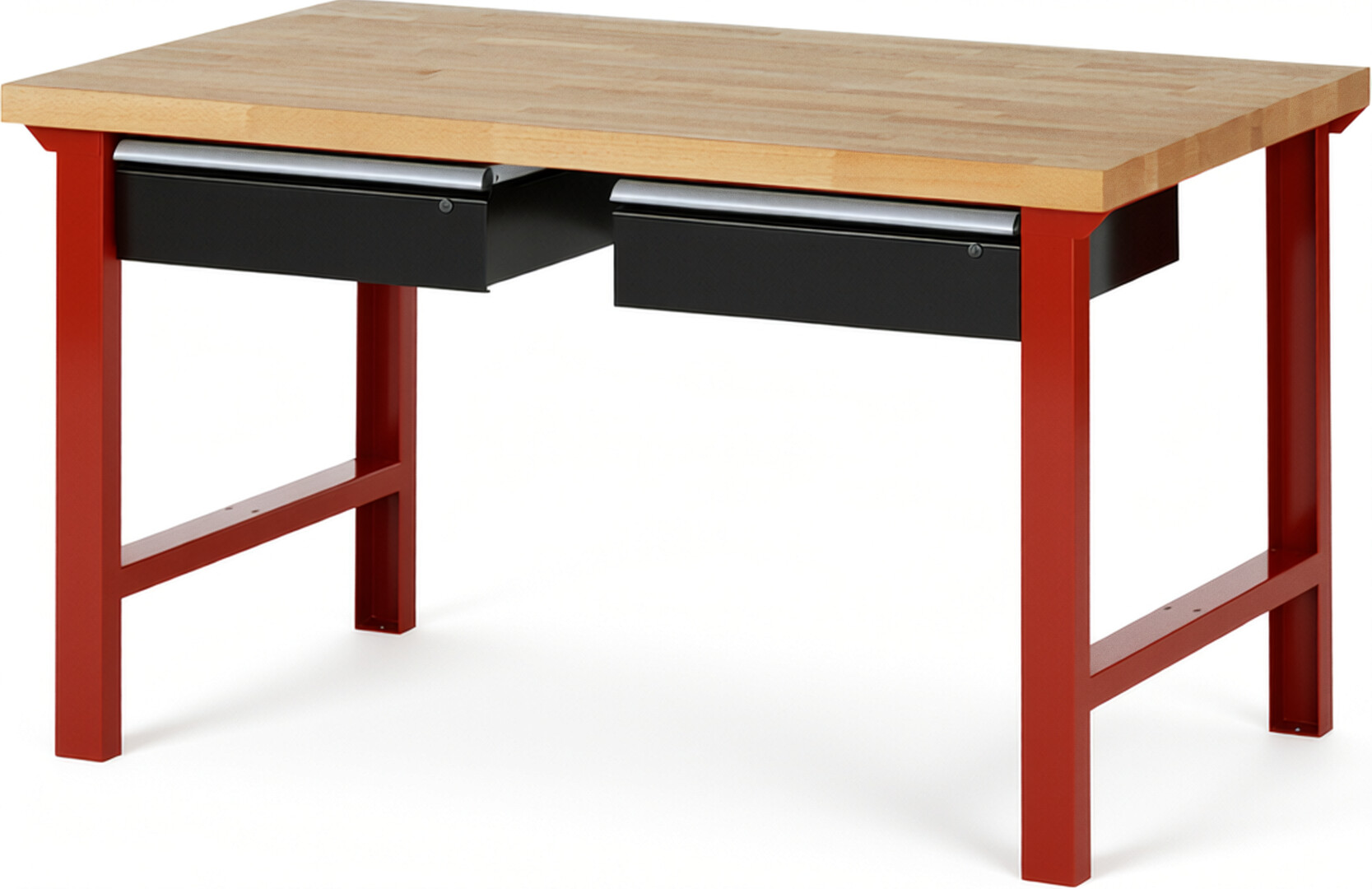 Werkbank Modell 7002 rot - schwarz, BxTxH 1500x900x840 mm,  Buche-Massiv Arbeitsplatte 40 mm,  2 Schubladen mit  Auszug 90 %