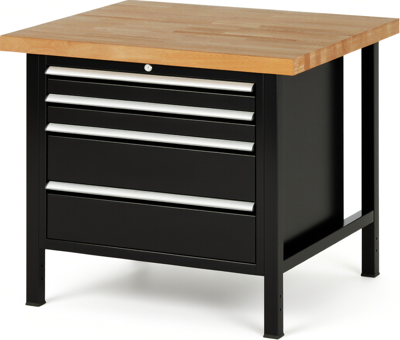 Werkbank Modell 8261 schwarz, BxTxH 1000x900x840-1040 mm,  Buche-Massiv Arbeitsplatte 40 mm,  4 Schubladen mit  Vollauszug 100 % und  SoftClosing