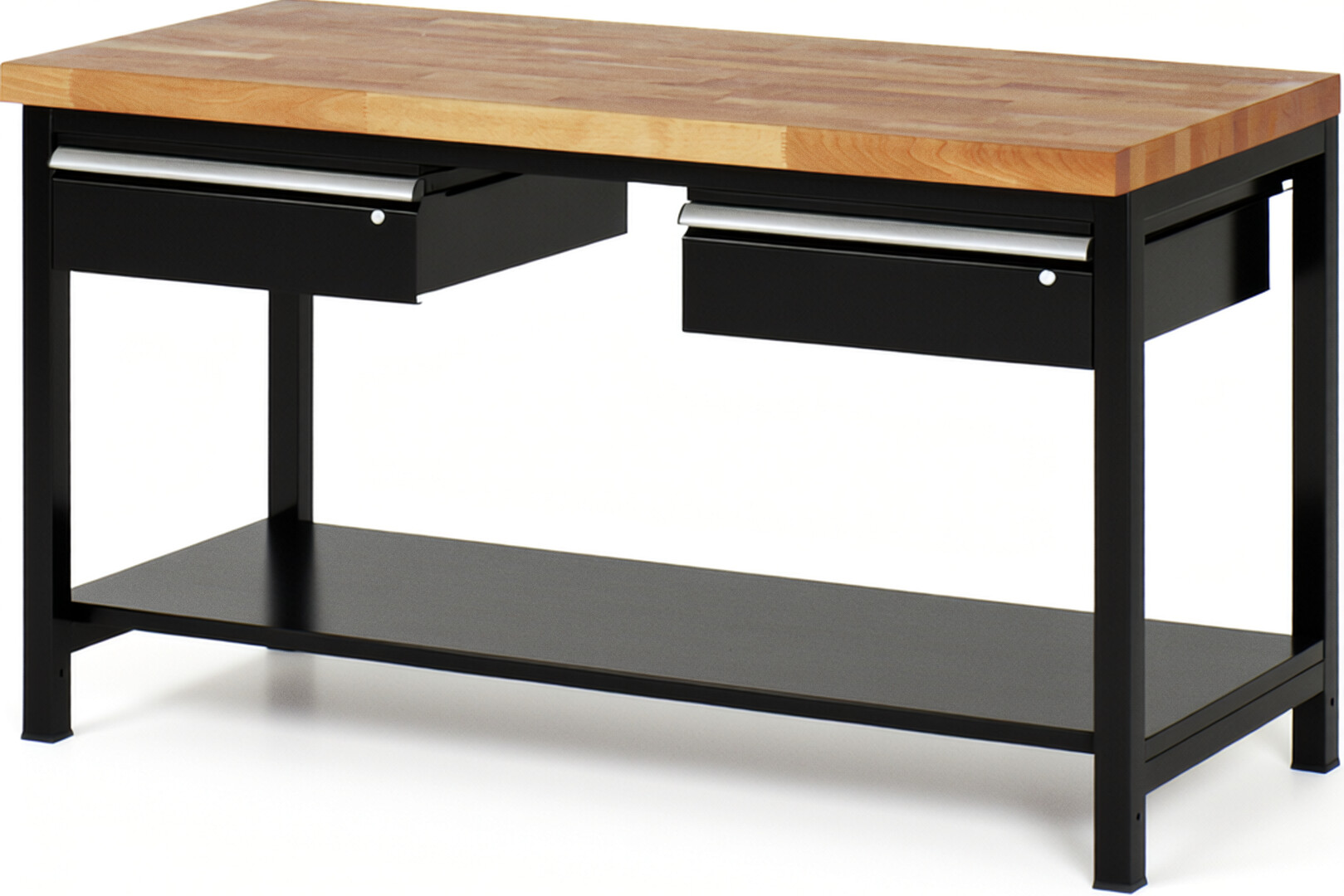 Werkbank Modell 8002 schwarz, BxTxH 1500x700x840-1040 mm,  Buche-Massiv Arbeitsplatte 40 mm,  2 Schubladen mit  Auszug 90 %