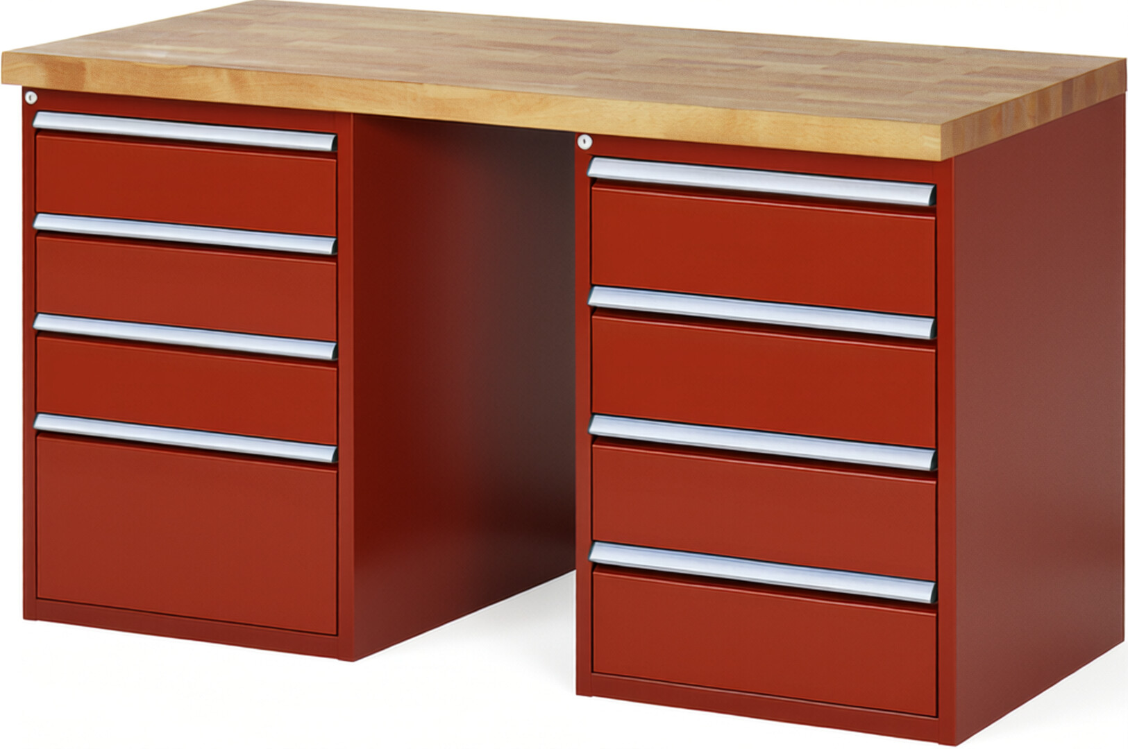 Werkbank Modell 7820 rot, BxTxH 1500x700x890 mm,  Buche-Massiv Arbeitsplatte 40 mm,  8 Schubladen mit  Auszug 90 %