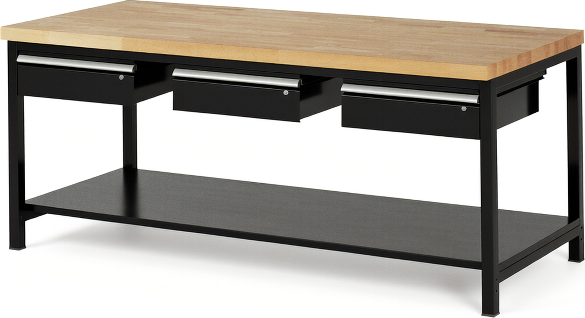Werkbank Modell 8003 schwarz, BxTxH 2000x900x840-1040 mm,  Buche-Massiv Arbeitsplatte 40 mm,  3 Schubladen mit  Auszug 90 %