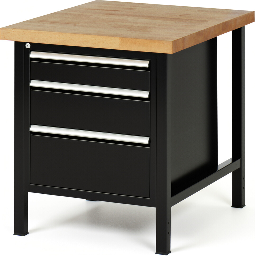 Werkbank Modell 8159 schwarz, BxTxH 750x900x840-1040 mm,  Buche-Massiv Arbeitsplatte 40 mm,  3 Schubladen mit  Auszug 90 %