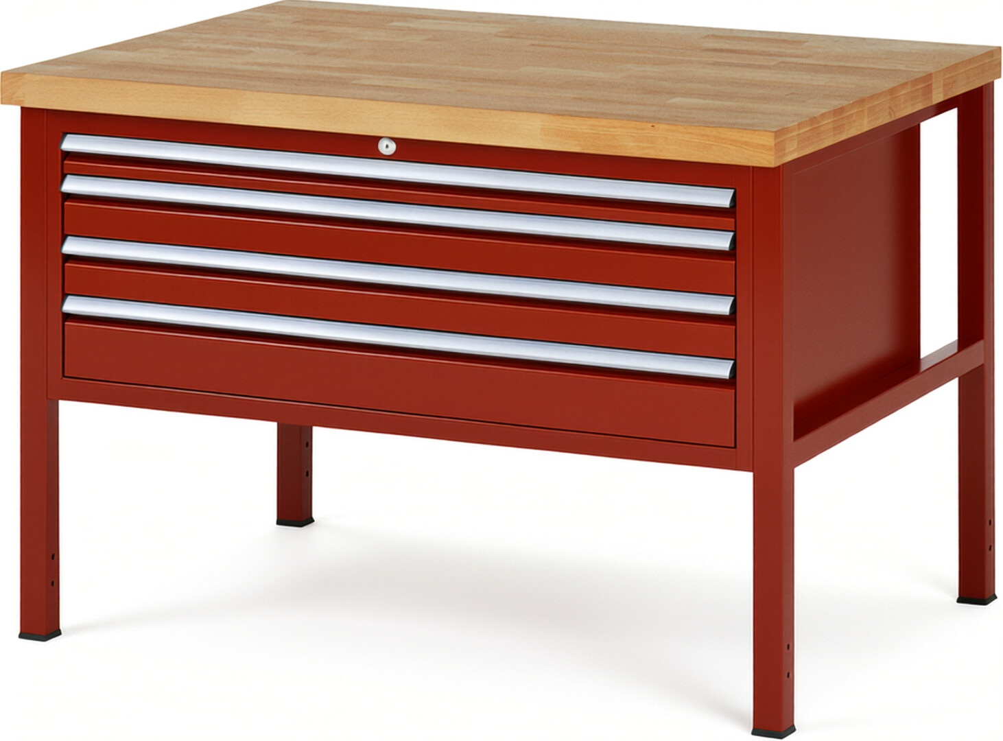 Werkbank Modell 8332 rot, BxTxH 1250x900x840 mm,  Buche-Massiv Arbeitsplatte 40 mm,  4 Schubladen mit  Vollauszug 100 % und  SoftClosing