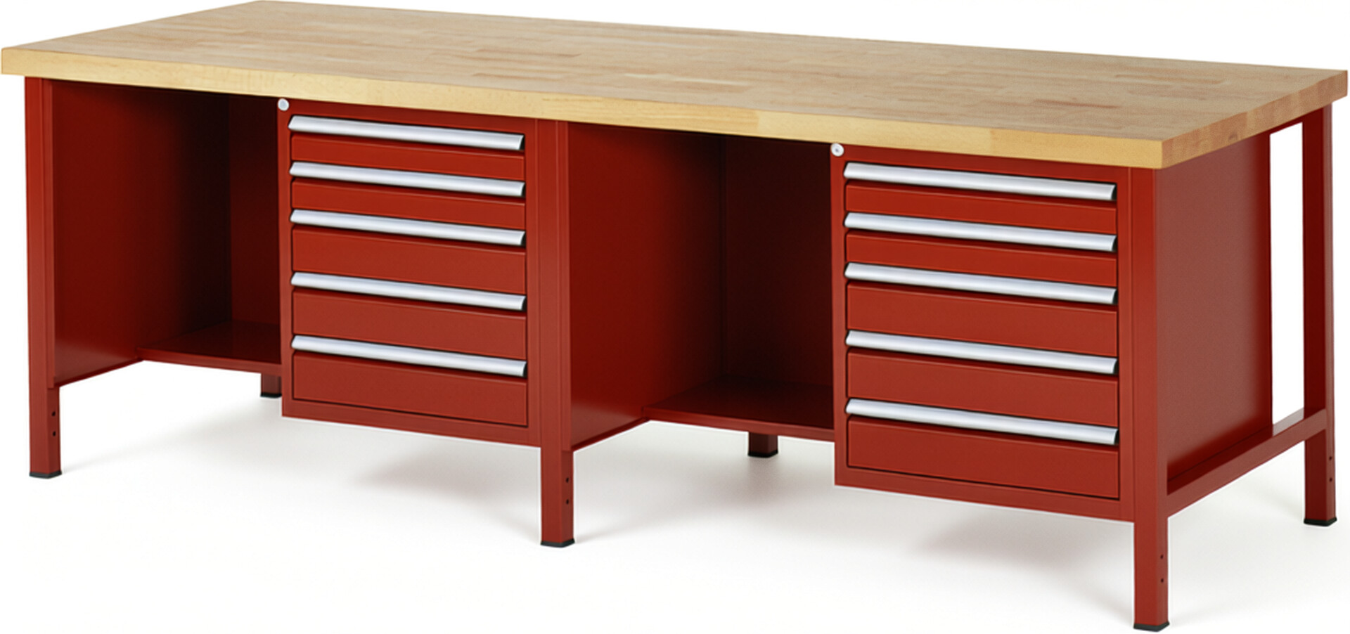 RAU Werkbank rot - Breite 250 cm - Tiefe 90 cm - Höhe 84 cm - Buche-Massiv Arbeitsplatte 40 mm