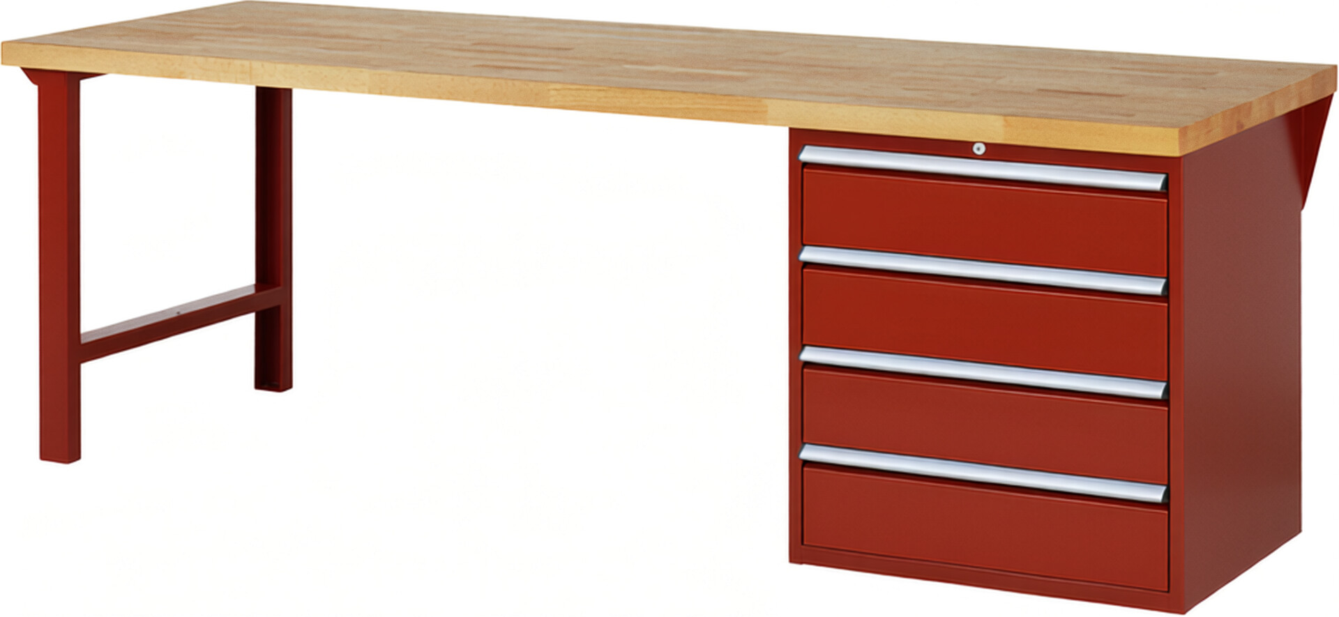 Werkbank Modell 7609 rot, BxTxH 2500x900x890 mm,  Buche-Massiv Arbeitsplatte 40 mm,  4 Schubladen mit  Vollauszug 100 % und  SoftClosing