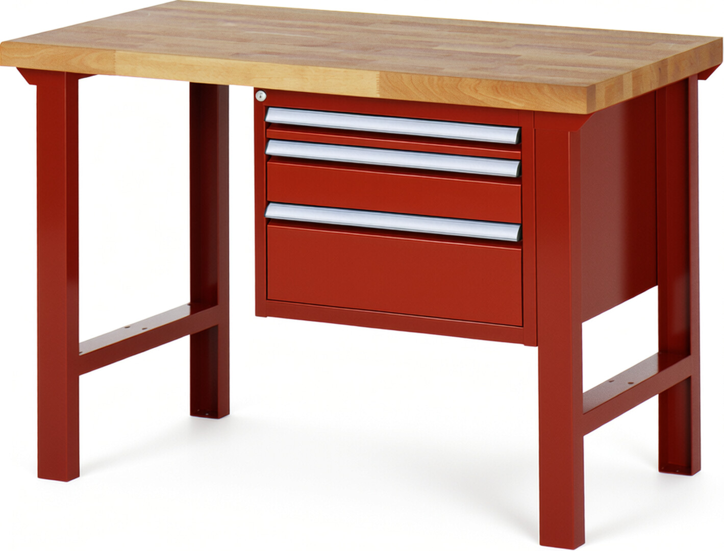 Werkbank Modell 7126 rot, BxTxH 1250x700x840 mm,  Buche-Massiv Arbeitsplatte 40 mm,  3 Schubladen mit  Vollauszug 100 % und  SoftClosing