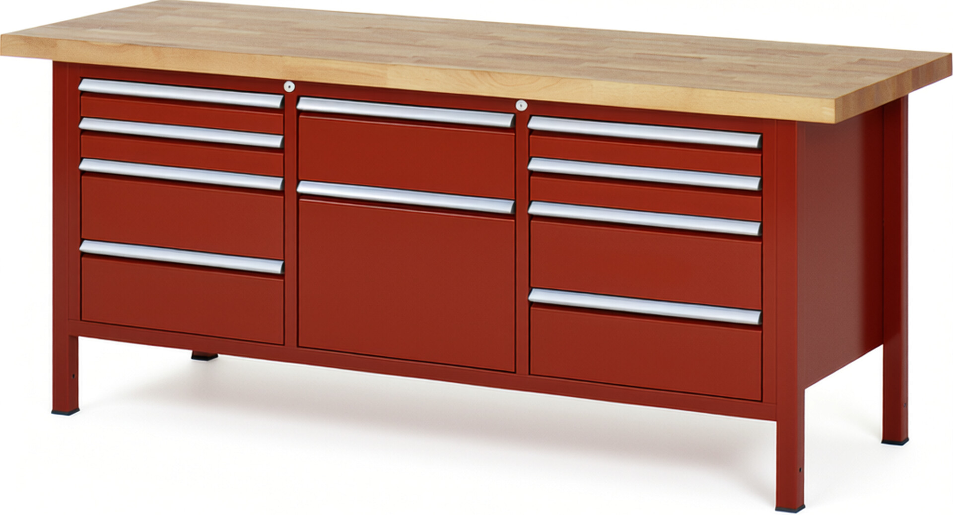 Werkbank Modell 8575 rot, BxTxH 2000x700x840 mm,  Buche-Massiv Arbeitsplatte 40 mm,  10 Schubladen mit  Vollauszug 100 % und  SoftClosing