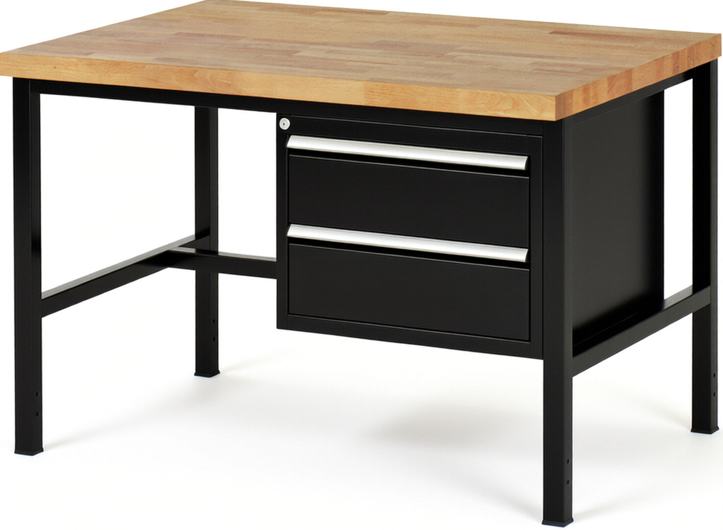 Werkbank Modell 8125 schwarz, BxTxH 1250x900x840-1040 mm,  Buche-Massiv Arbeitsplatte 40 mm,  2 Schubladen mit  Auszug 90 %