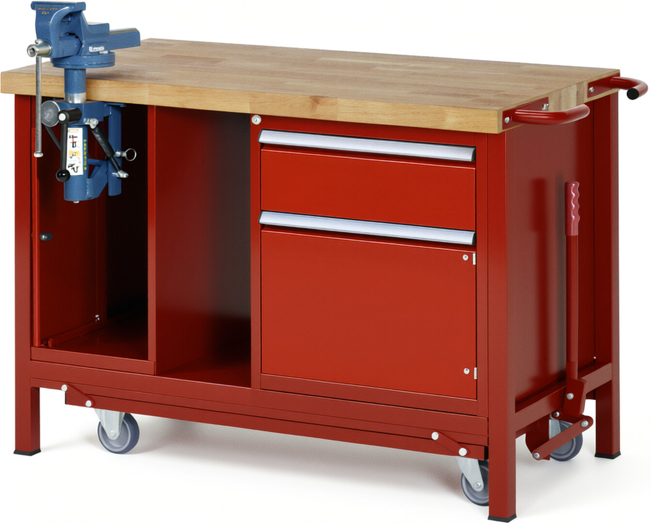 Absenkbare Werkbank Modell 8181 rot, BxTxH 1250x700x880 mm,  Buche-Massiv Arbeitsplatte 40 mm,  1 Schublade mit  Auszug 90 %