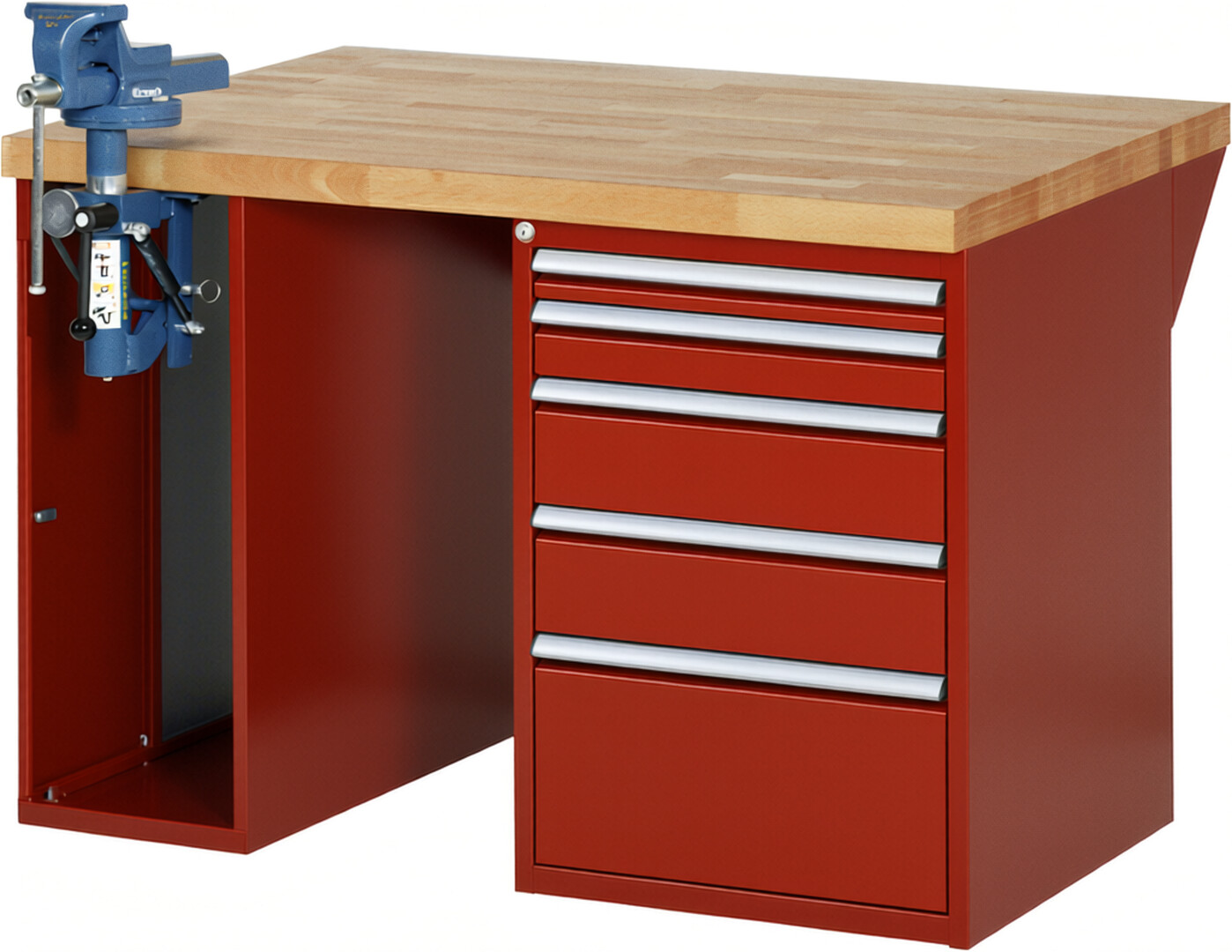 Werkbank Modell 7511 rot, BxTxH 1250x900x890 mm,  Buche-Massiv Arbeitsplatte 40 mm,  5 Schubladen mit  Auszug 90 %