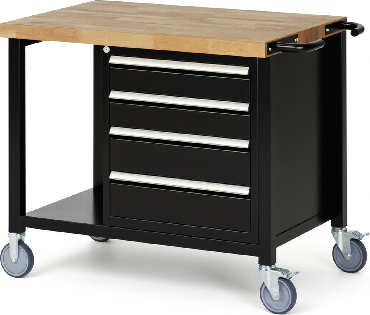 Fahrbare Werkbank Modell 8162 schwarz, BxTxH 1000x700x880 mm,  Buche-Massiv Arbeitsplatte 40 mm,  4 Schubladen mit  Vollauszug 100 % und  SoftClosing