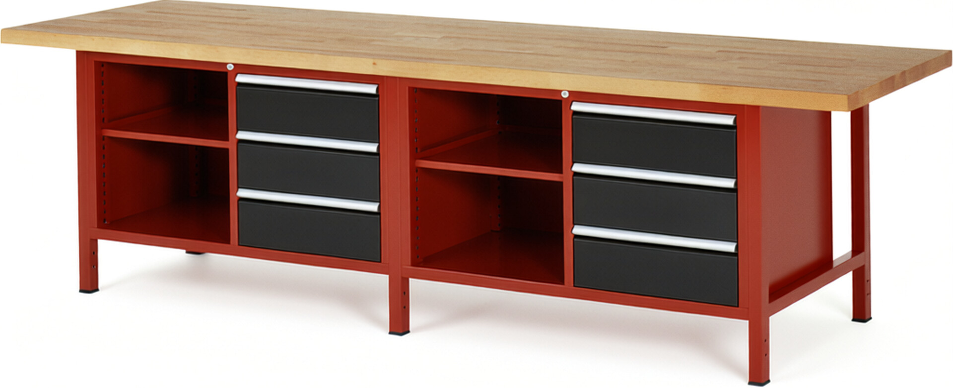 Werkbank Modell 8462 rot - schwarz, BxTxH 3000x900x840 mm,  Buche-Massiv Arbeitsplatte 40 mm,  6 Schubladen mit  Vollauszug 100 % und  SoftClosing
