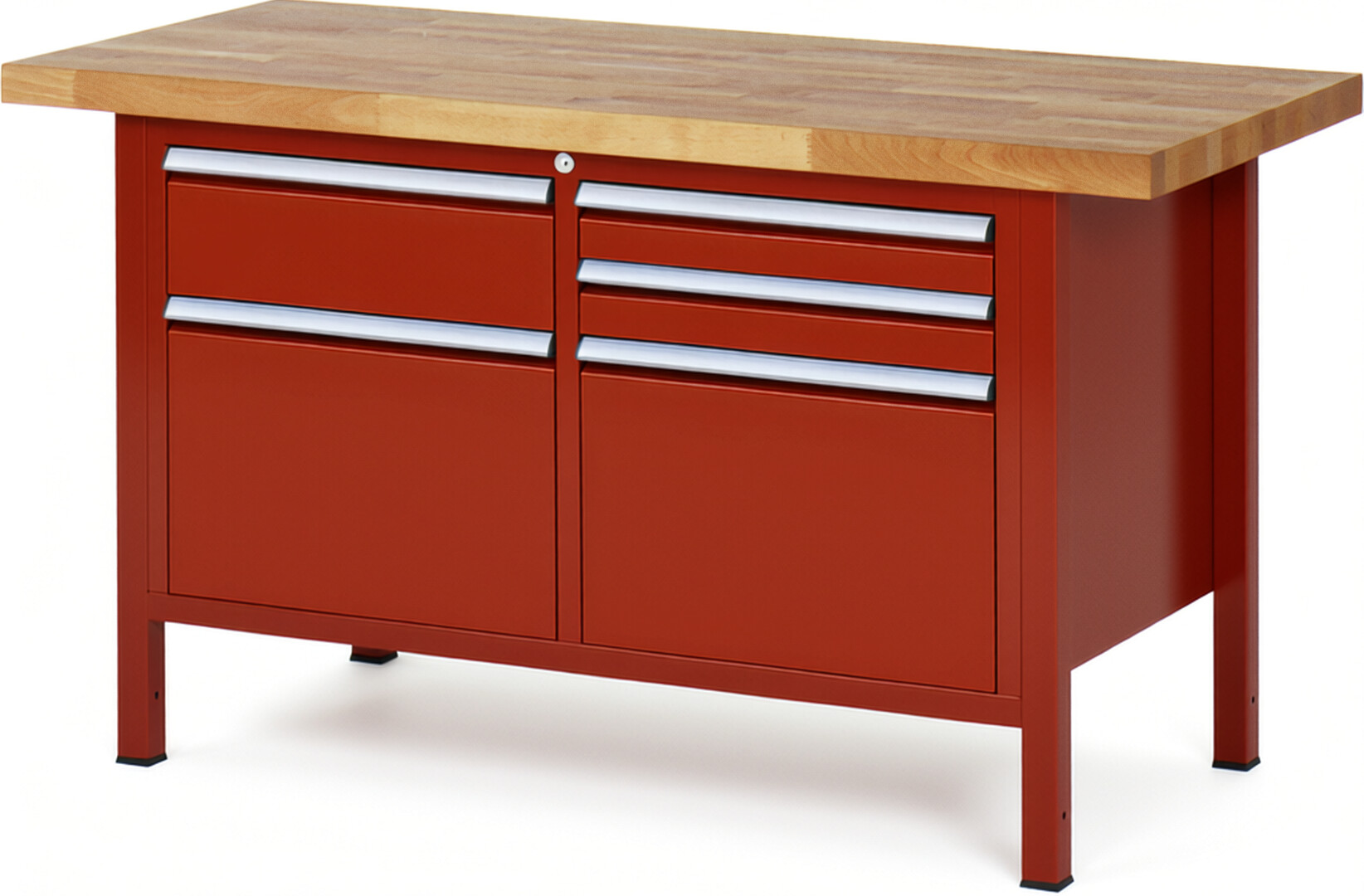 Werkbank Modell 8472 rot, BxTxH 1500x700x840 mm,  Buche-Massiv Arbeitsplatte 40 mm,  5 Schubladen mit  Auszug 90 %