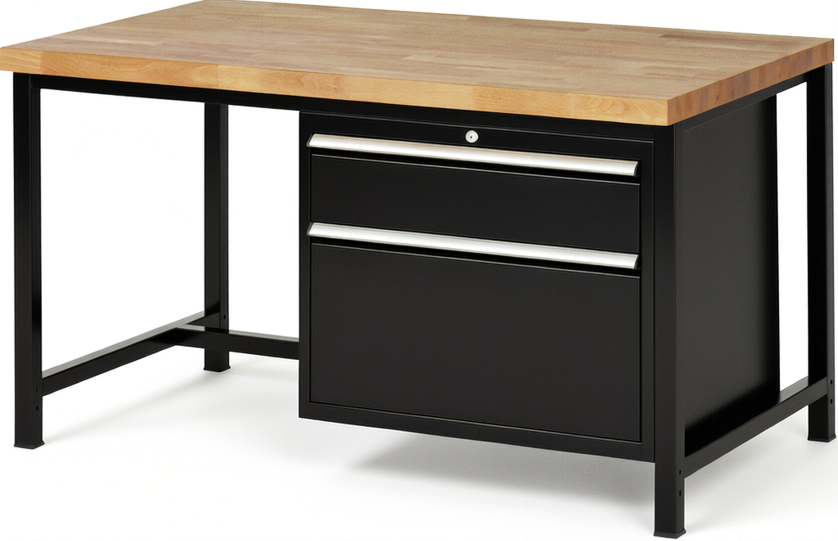 Werkbank Modell 8256 schwarz, BxTxH 1500x900x840-1040 mm,  Buche-Massiv Arbeitsplatte 40 mm,  2 Schubladen mit  Auszug 90 %