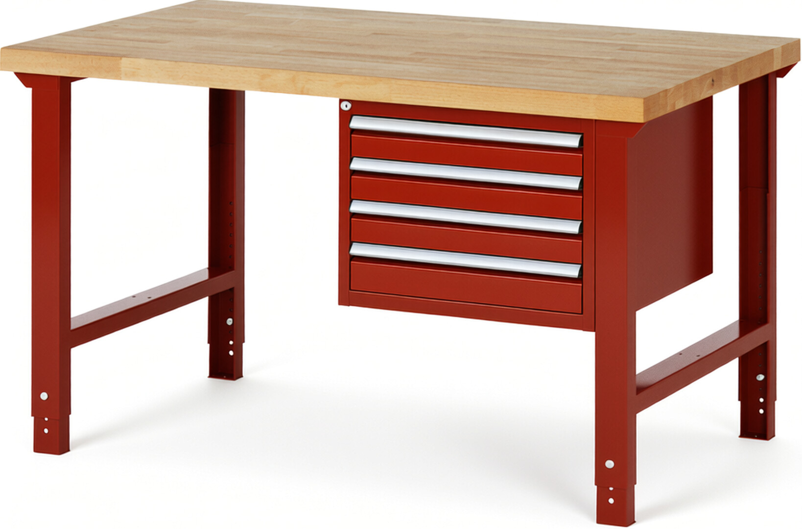 Werkbank Modell 7133 rot, BxTxH 1500x900x790-1140 mm,  Buche-Massiv Arbeitsplatte 40 mm,  4 Schubladen mit  Vollauszug 100 % und  SoftClosing