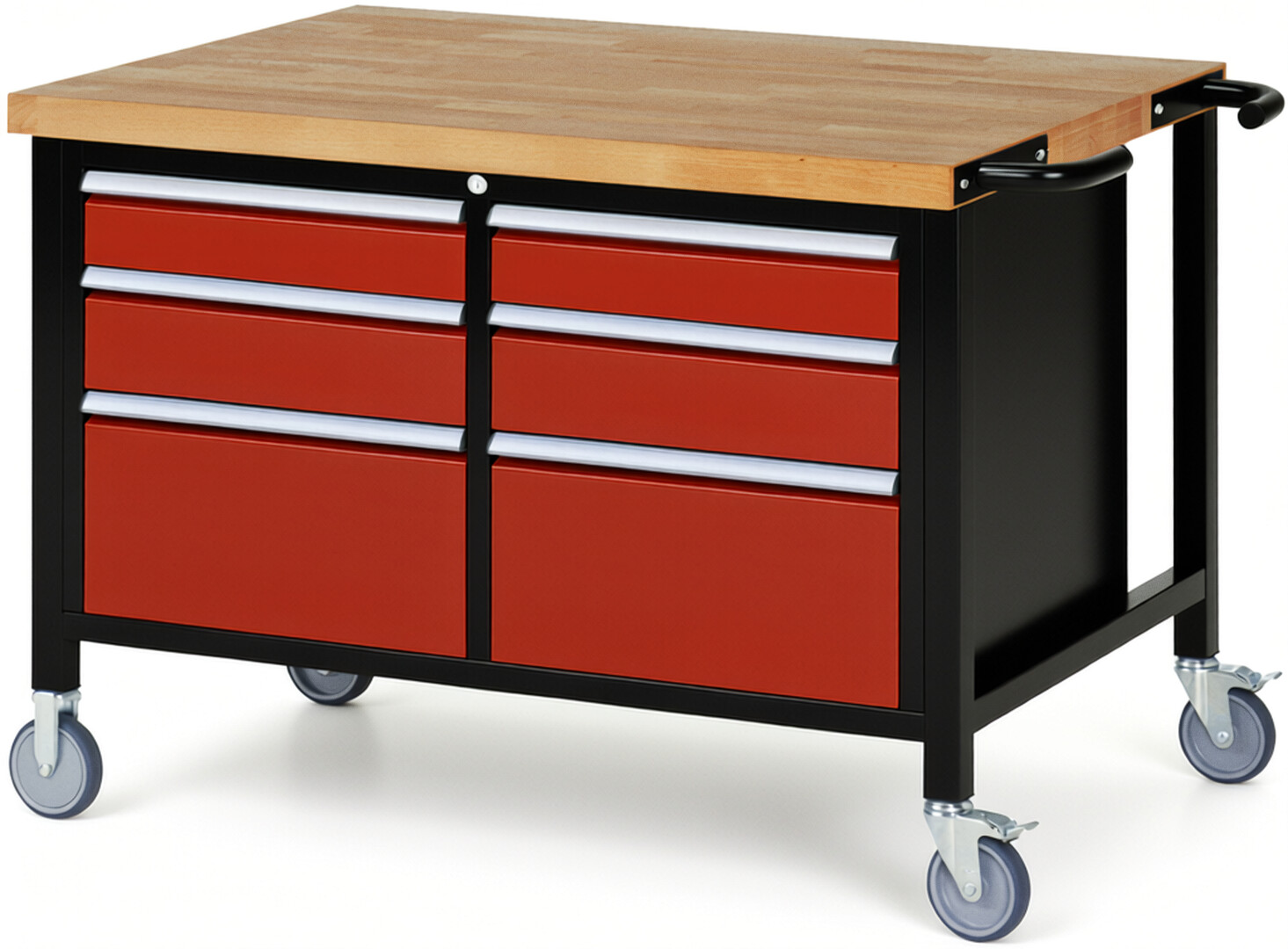 RAU Werkbank schwarz - rot - Breite 125 cm - Tiefe 90 cm - Höhe 108 cm - Buche-Massiv Arbeitsplatte 40 mm