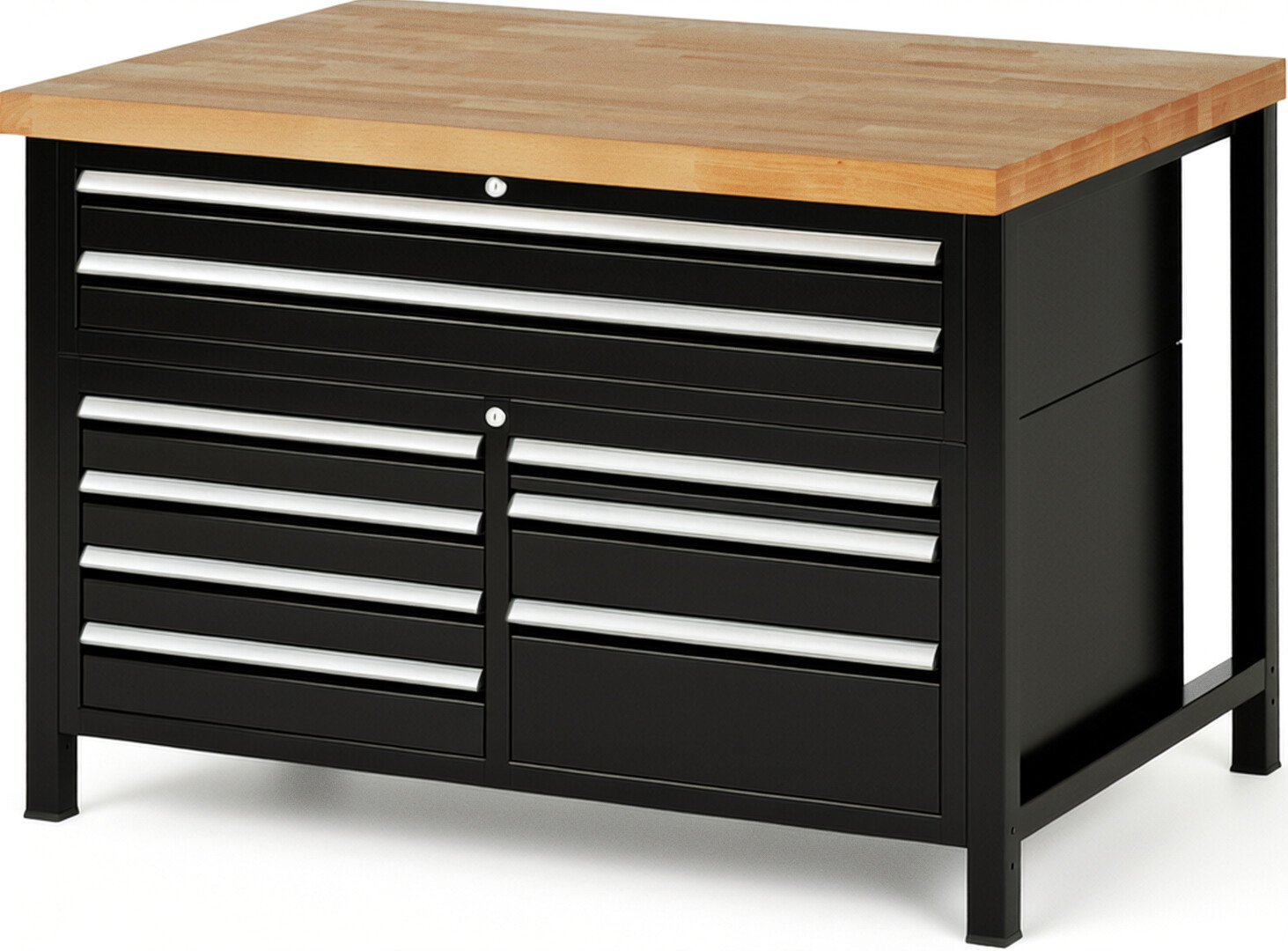 Werkbank Modell 8923 schwarz, BxTxH 1250x900x840 mm,  Buche-Massiv Arbeitsplatte 40 mm,  9 Schubladen mit  Auszug 90 %