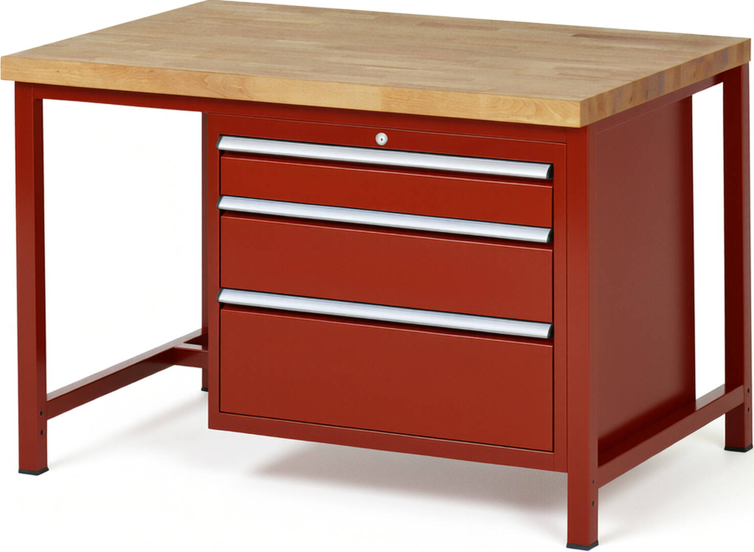 Werkbank Modell 8259 rot, BxTxH 1250x900x840 mm,  Buche-Massiv Arbeitsplatte 40 mm,  3 Schubladen mit  Vollauszug 100 % und  SoftClosing
