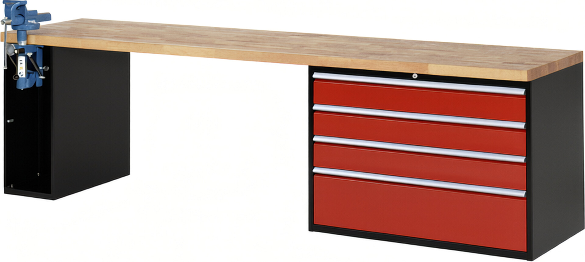 RAU Werkbank schwarz - rot - Breite 300 cm - Tiefe 70 cm - Höhe 89 cm - Buche-Massiv Arbeitsplatte 40 mm