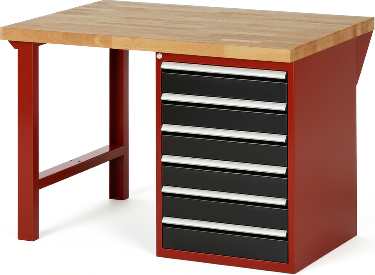 Werkbank Modell 7516 rot - schwarz, BxTxH 1250x900x890 mm,  Buche-Massiv Arbeitsplatte 40 mm,  6 Schubladen mit  Vollauszug 100 % und  SoftClosing