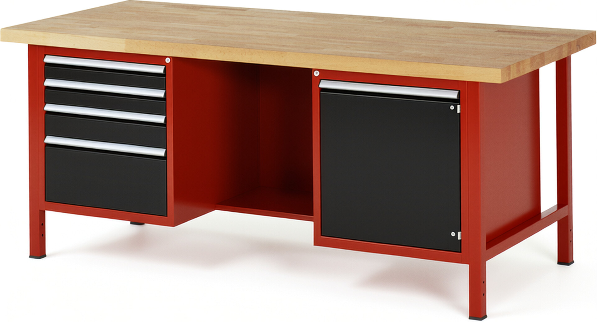 Werkbank Modell 8553 rot - schwarz, BxTxH 2000x900x840 mm,  Buche-Massiv Arbeitsplatte 40 mm,  4 Schubladen mit  Auszug 90 %