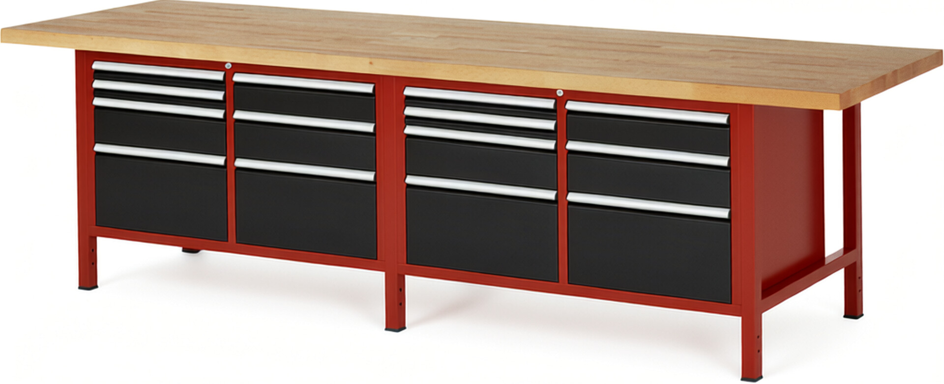 Werkbank Modell 8476 rot - schwarz, BxTxH 3000x900x840 mm,  Buche-Massiv Arbeitsplatte 40 mm,  14 Schubladen mit  Vollauszug 100 % und  SoftClosing