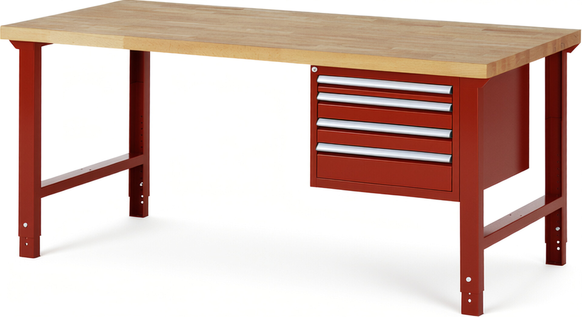 Werkbank Modell 7132 rot, BxTxH 2000x900x790-1140 mm,  Buche-Massiv Arbeitsplatte 40 mm,  4 Schubladen mit  Vollauszug 100 % und  SoftClosing