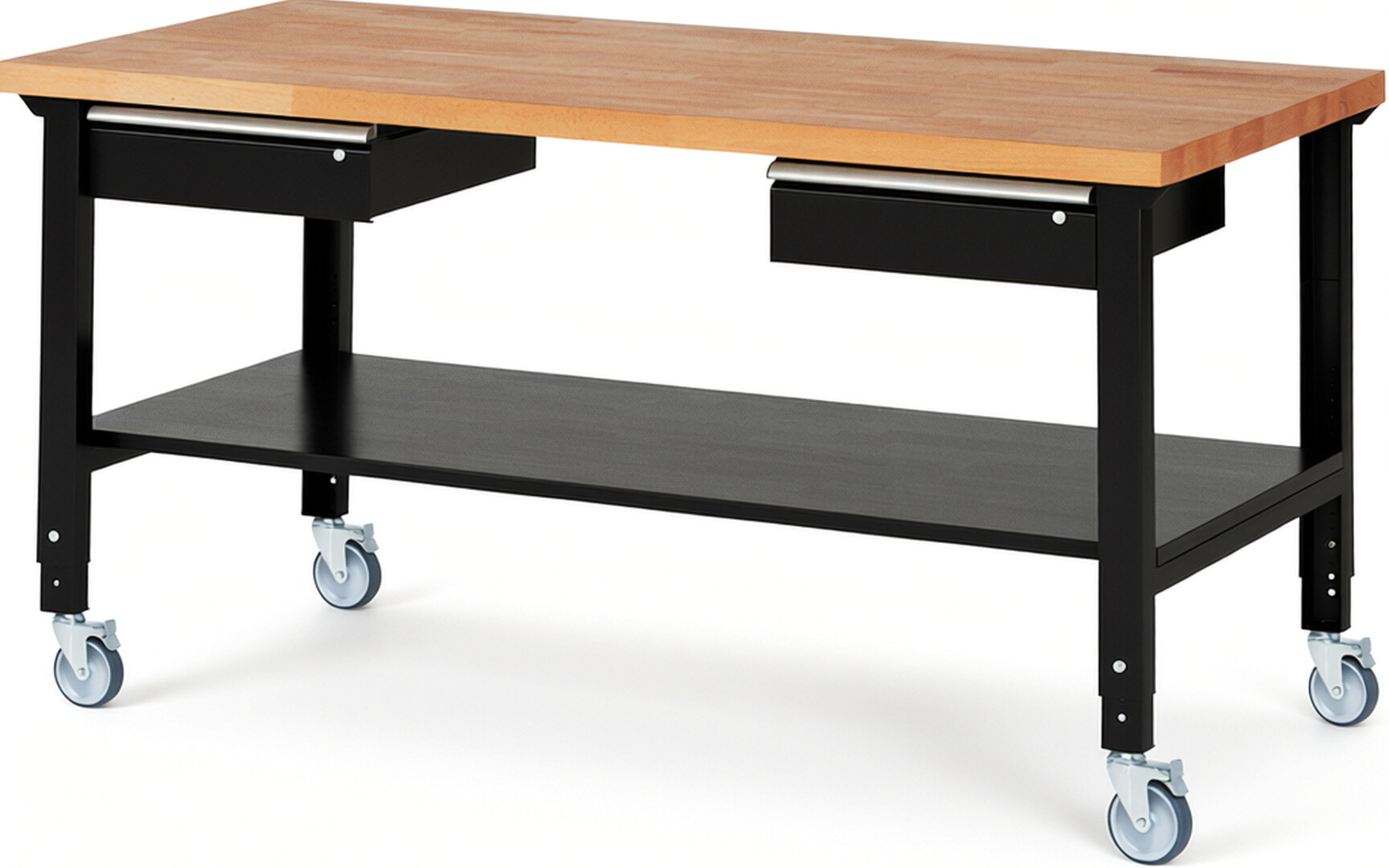 Fahrbare Werkbank Modell 7002 schwarz, BxTxH 2000x900x950-1000 mm,  Buche-Massiv Arbeitsplatte 40 mm,  2 Schubladen mit  Auszug 90 %