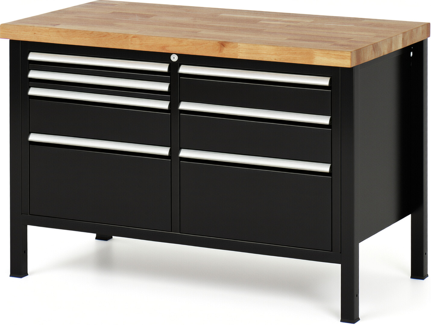 Werkbank Modell 8476 schwarz, BxTxH 1250x700x840 mm,  Buche-Massiv Arbeitsplatte 40 mm,  7 Schubladen mit  Auszug 90 %