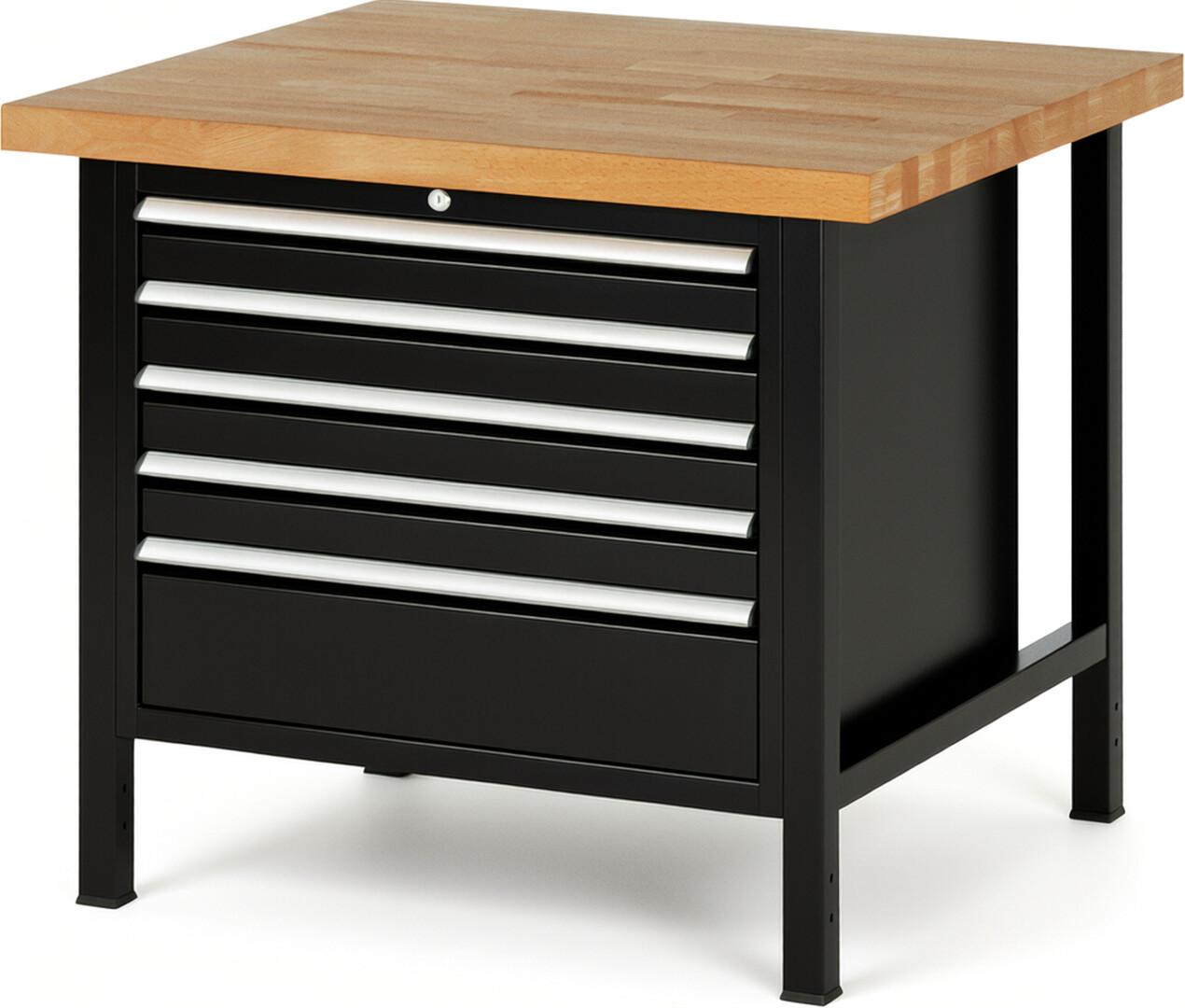 Werkbank Modell 8268 schwarz, BxTxH 1000x900x840 mm,  Buche-Massiv Arbeitsplatte 40 mm,  5 Schubladen mit  Auszug 90 %