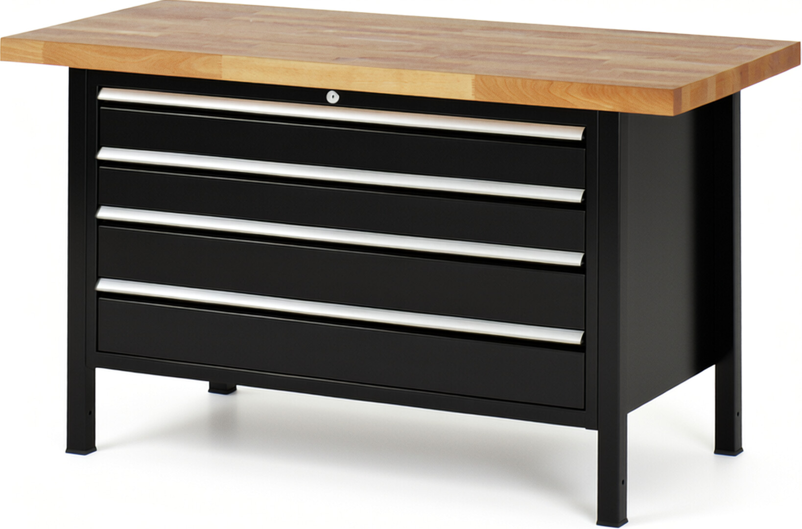 Werkbank Modell 8362 schwarz, BxTxH 1500x700x840-1040 mm,  Buche-Massiv Arbeitsplatte 40 mm,  4 Schubladen mit  Auszug 90 %