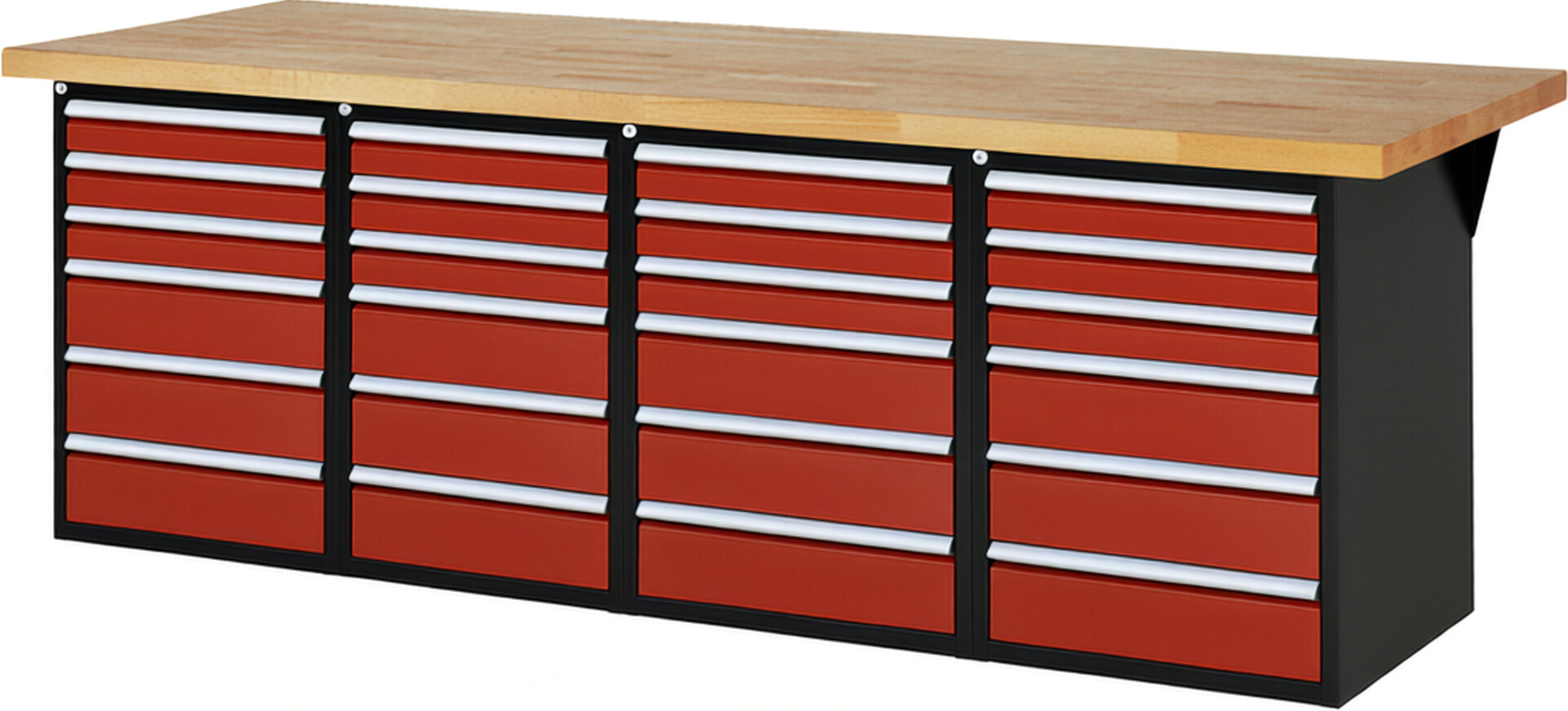 RAU Werkbank schwarz - rot - Breite 250 cm - Tiefe 90 cm - Höhe 89 cm - Buche-Massiv Arbeitsplatte 40 mm