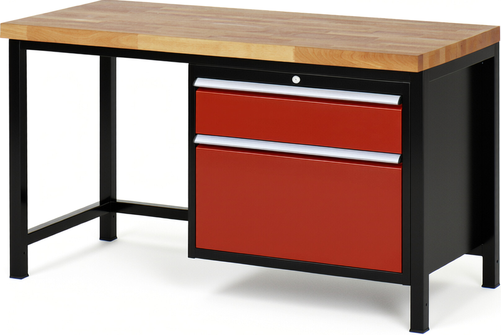 RAU Werkbank schwarz - rot - Breite 150 cm - Tiefe 70 cm - Höhe 104 cm - Buche-Massiv Arbeitsplatte 40 mm
