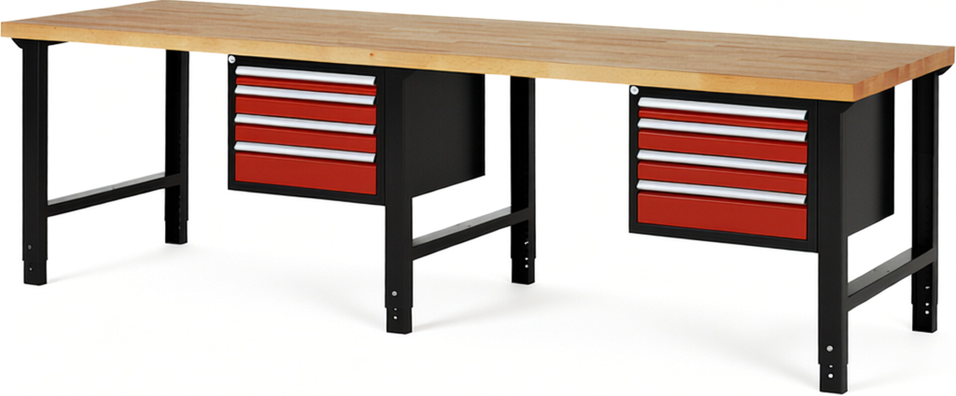 RAU Werkbank schwarz - rot - Breite 300 cm - Tiefe 90 cm - Höhe 114 cm - Buche-Massiv Arbeitsplatte 40 mm