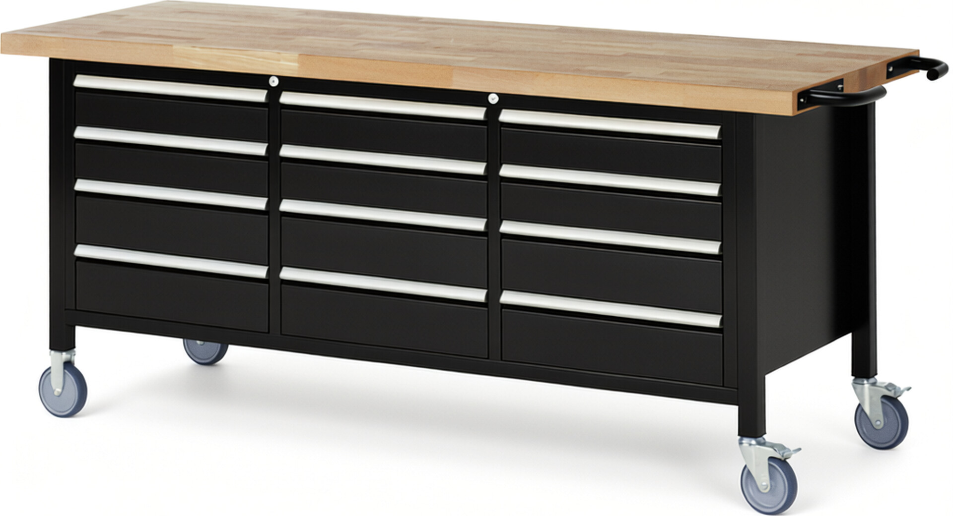 Fahrbare Werkbank Modell 8579 schwarz, BxTxH 2000x700x880 mm,  Buche-Massiv Arbeitsplatte 40 mm,  12 Schubladen mit  Auszug 90 %
