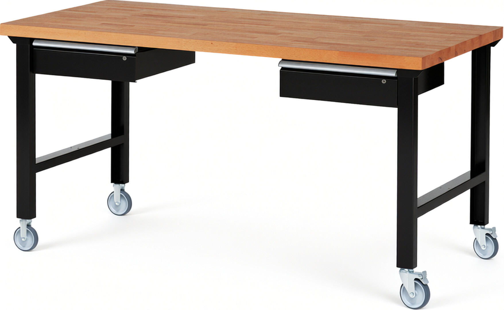 Fahrbare Werkbank Modell 7002 schwarz, BxTxH 2000x900x1000 mm,  Buche-Massiv Arbeitsplatte 40 mm,  2 Schubladen mit  Auszug 90 %