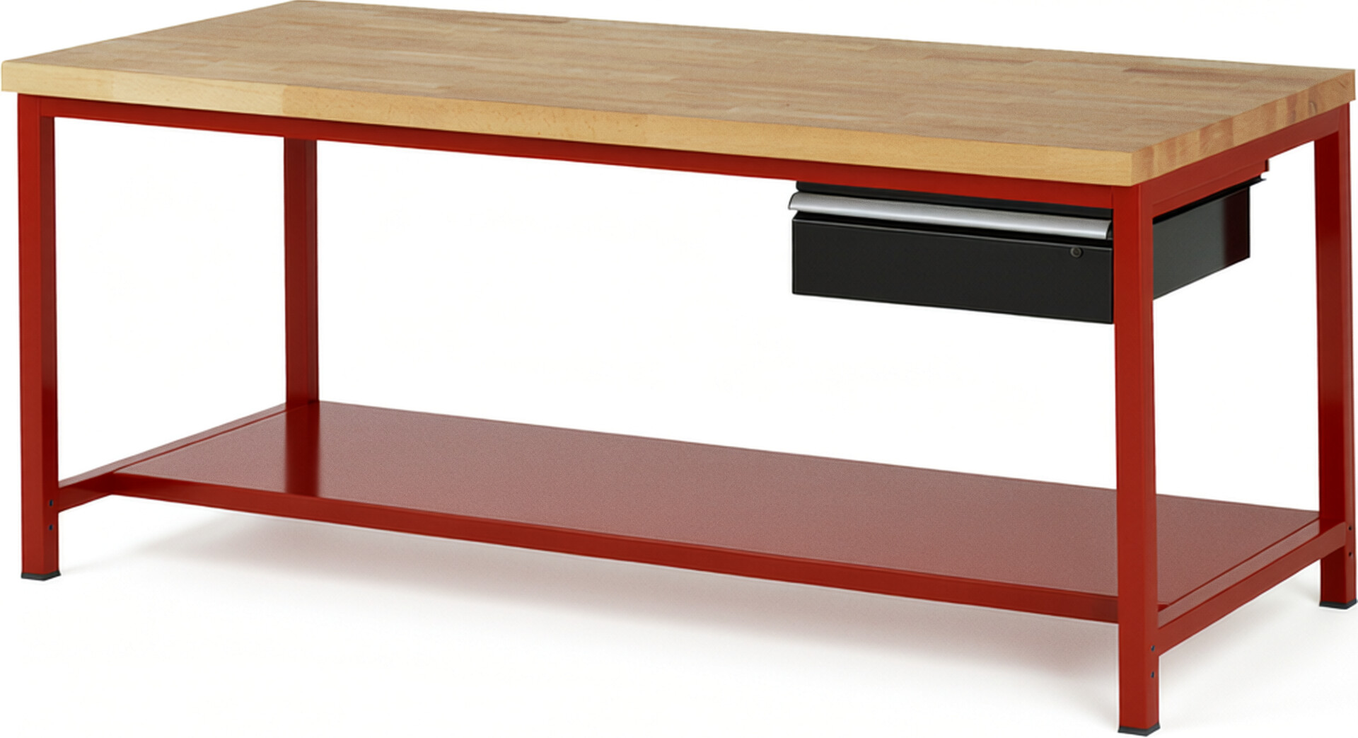 Werkbank Modell 8001 rot - schwarz, BxTxH 2000x900x840 mm,  Buche-Massiv Arbeitsplatte 40 mm,  1 Schublade mit  Auszug 90 %