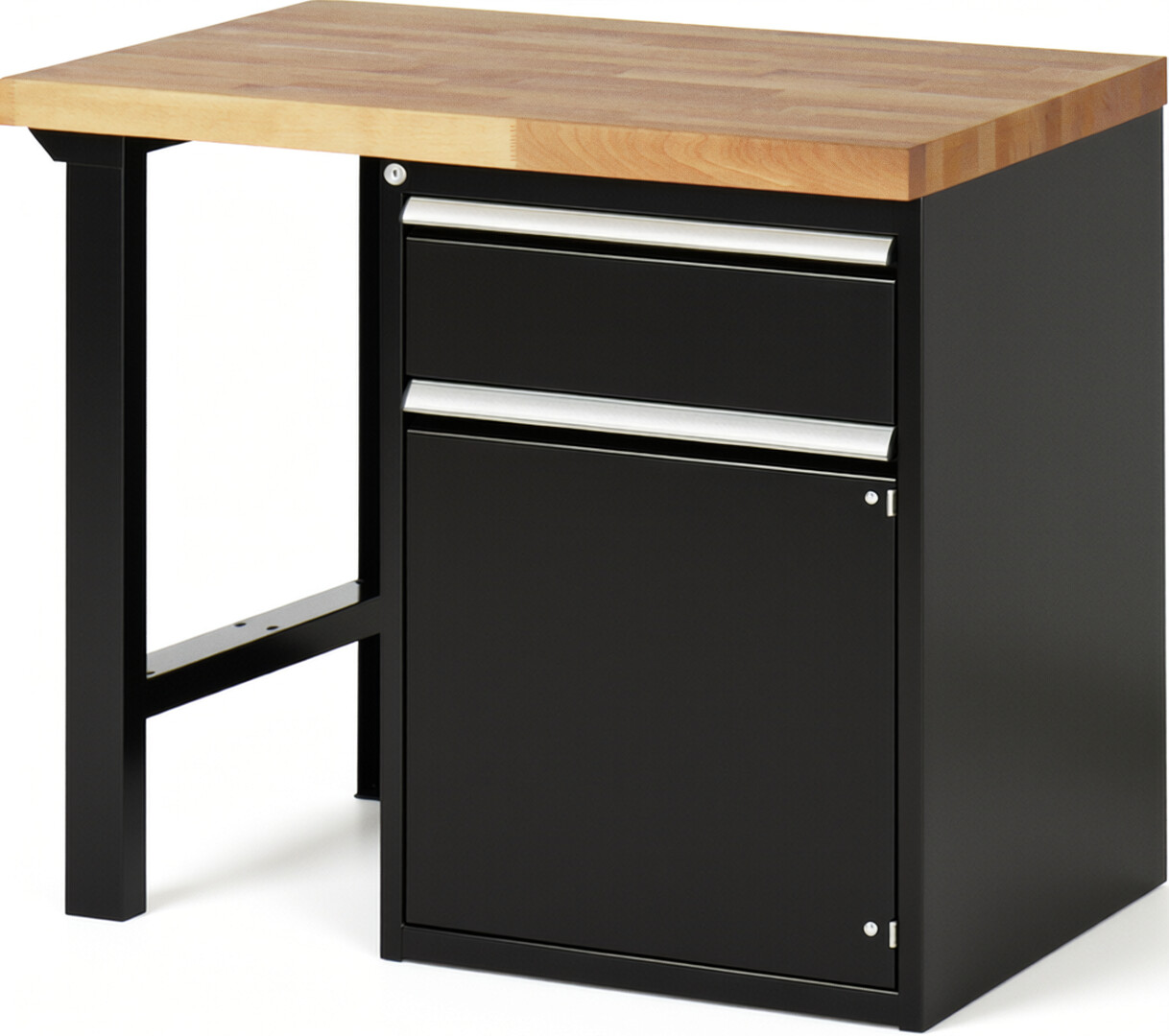 Werkbank Modell 7501 schwarz, BxTxH 1000x700x890 mm,  Buche-Massiv Arbeitsplatte 40 mm,  1 Schublade mit  Auszug 90 %