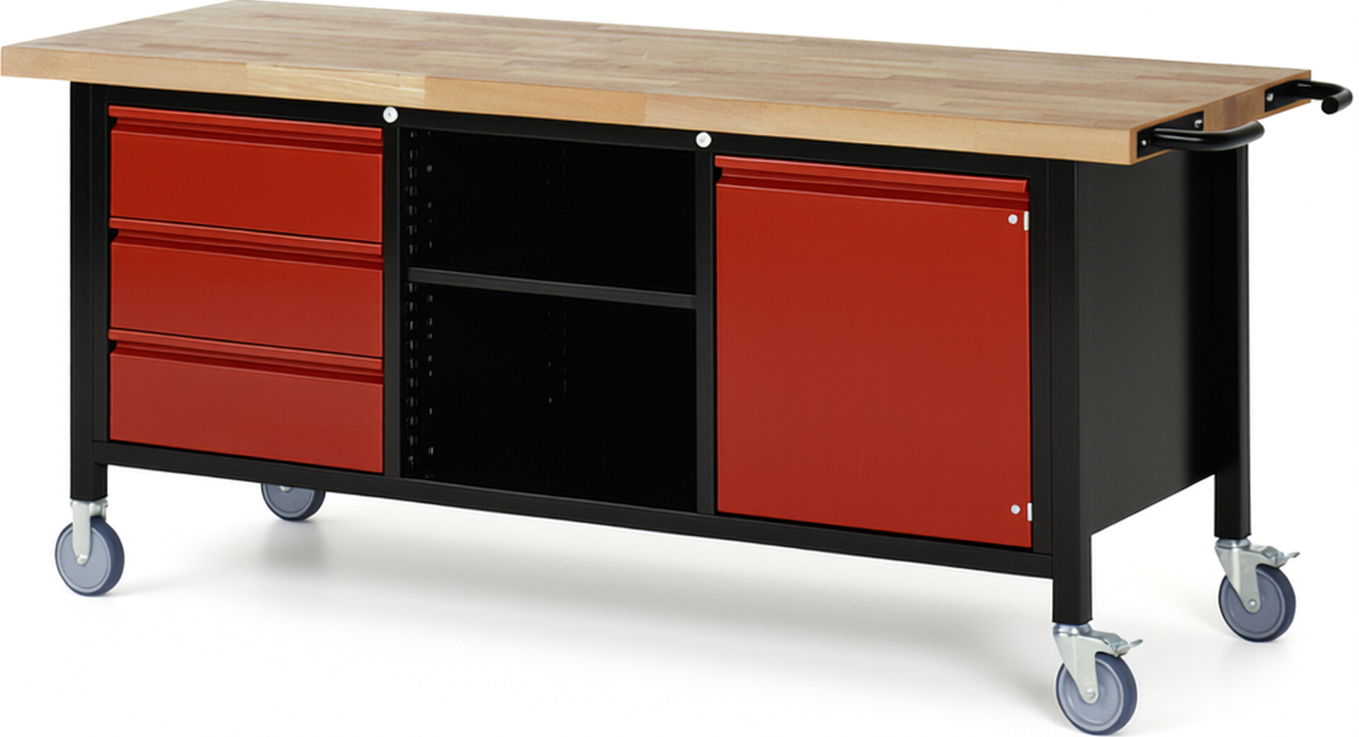 RAU Werkbank schwarz - rot - Breite 200 cm - Tiefe 70 cm - Höhe 88 cm - Buche-Massiv Arbeitsplatte 40 mm
